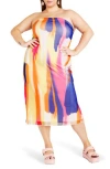 City Chic Indie Print Strapless Mesh Dress In Multi