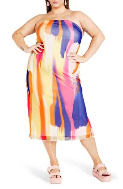 City Chic Indie Print Strapless Mesh Dress In Multi