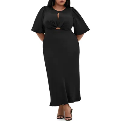 City Chic Ines Twist Front Puff Sleeve Maxi Dress In Black