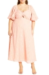 City Chic Inez Floral Cutout Puff Sleeve Dress In Dusty Pink