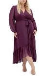 City Chic Instinct Long Sleeve Wrap Dress In Purple