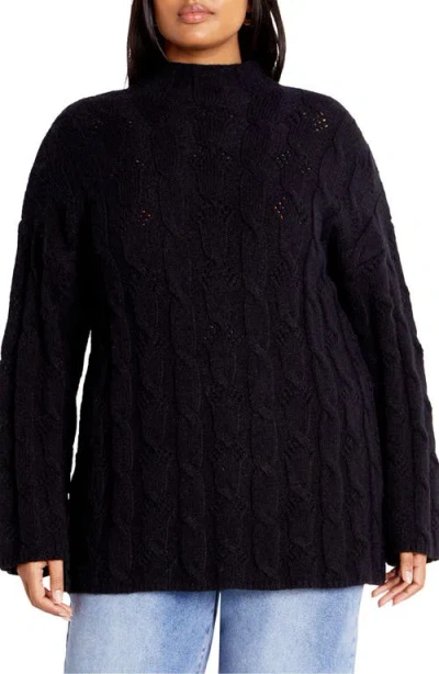 City Chic Iris Mock Neck Cable Knit Sweater In Black