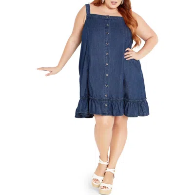 City Chic Island Denim Button Front Dress In Blue