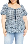 CITY CHIC ISOBEL GINGHAM PUFF SLEEVE PEPLUM TOP