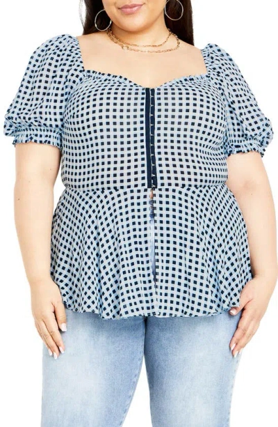 City Chic Isobel Gingham Puff Sleeve Peplum Top In Navy Check