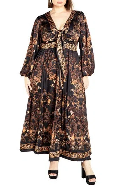 City Chic Ivanna Scarf Print Long Sleeve Maxi Dress In Gold Opulent