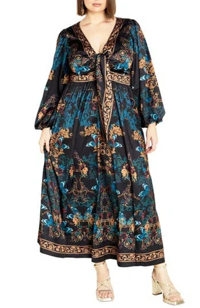 City Chic Ivanna Scarf Print Long Sleeve Maxi Dress In Blue