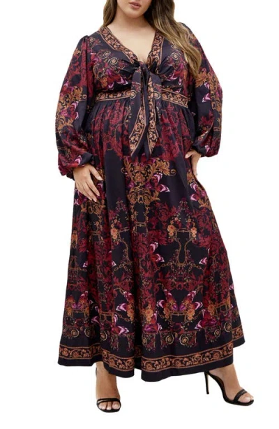 City Chic Ivanna Scarf Print Long Sleeve Maxi Dress In Ruby