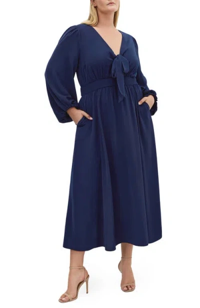 City Chic Ivanna Tie Neck Long Sleeve Maxi Dress In Blue