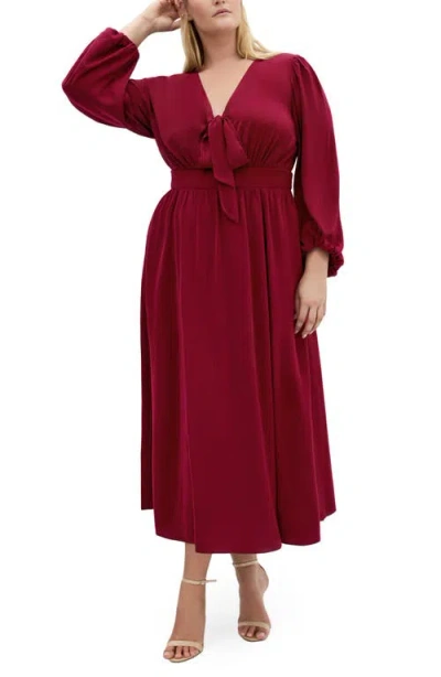 City Chic Ivanna Tie Neck Long Sleeve Maxi Dress In Burgundy