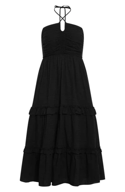 City Chic Ivy Clip Dot Tiered Halter Dress In Black
