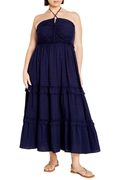 City Chic Ivy Clip Dot Tiered Halter Dress In Navy