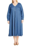 City Chic Ivy Long Sleeve Denim Midi Dress In Mid Denim