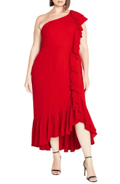 City Chic Izabela One-shoulder Ruffle Maxi Dress In Tango Red