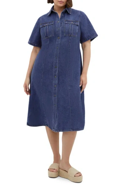 City Chic Jade Denim Shirtdress In Mid Denim