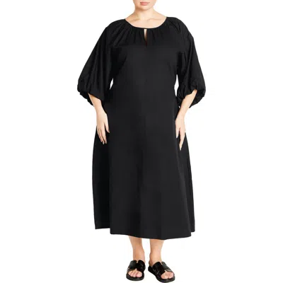 City Chic Jamie Balloon Sleeve Cotton Midi Dress In Black