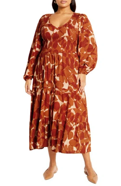 City Chic Jayden Long Sleeve Tiered Dress In Amber Jewel
