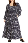 City Chic Jayden Smocked Bodice Long Sleeve Maxi Dress In Abstract Spot