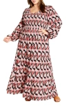 City Chic Jayden Smocked Bodice Long Sleeve Maxi Dress In Geo Print