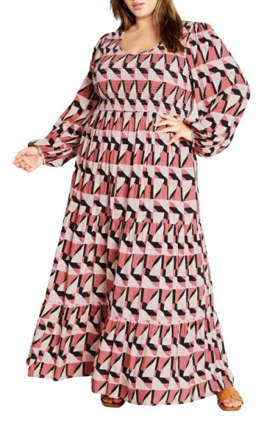 City Chic Jayden Smocked Bodice Long Sleeve Maxi Dress In Geo Print