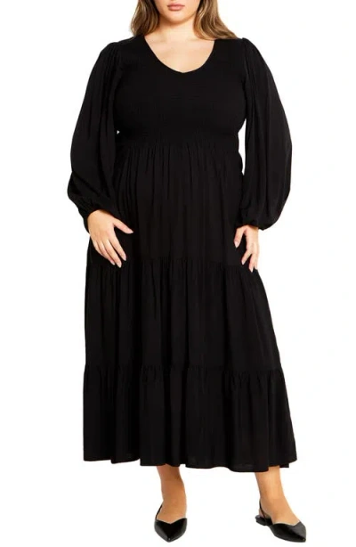 City Chic Jayden Tiered Long Sleeve Dress In Black