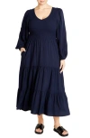 City Chic Athena Freya Long Sleeve Tiered Maxi Dress In Blue