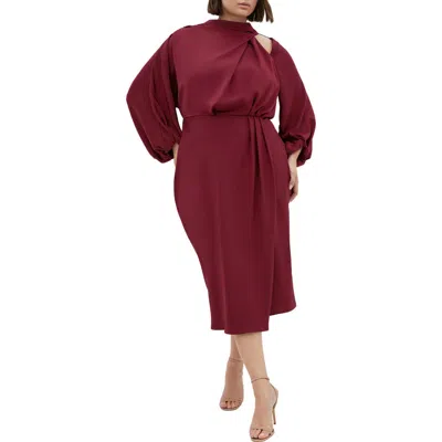 City Chic Jaylee Shoulder Cutout Long Sleeve Dress In Burgundy