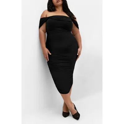 City Chic Jazmin Off The Shoulder Ruched Mesh Dress In Black