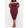 City Chic Jazmin Off The Shoulder Ruched Mesh Dress In Burgundy
