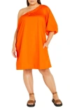 City Chic Jemma One-shoulder Cotton Dress In Orange Fizz