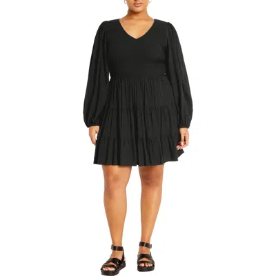 City Chic Jemma Smocked Bodice Long Sleeve Dress In Black