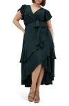 City Chic Jen Ruffle Faux Wrap Satin Dress In Hunter Green