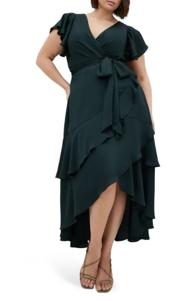 City Chic Jen Ruffle Faux Wrap Satin Dress In Hunter Green