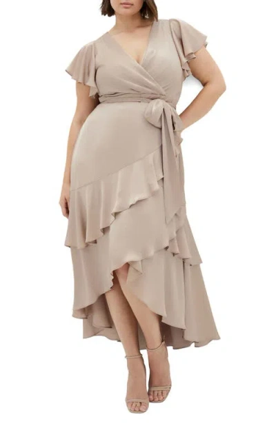 City Chic Jen Ruffle Faux Wrap Satin Dress In Simply Taupe