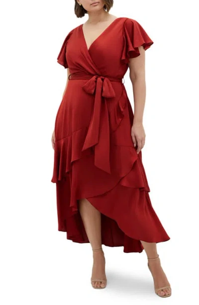 City Chic Jen Ruffle Faux Wrap Satin Dress In Toffee