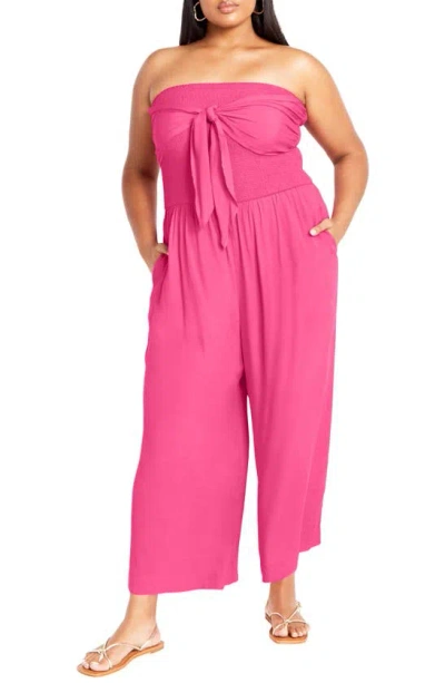 City Chic Jez Tie Front Strapless Jumpsuit In Flamingo