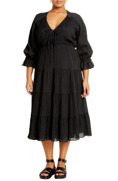 City Chic Jojo Plissé Long Sleeve Midi Dress In Black
