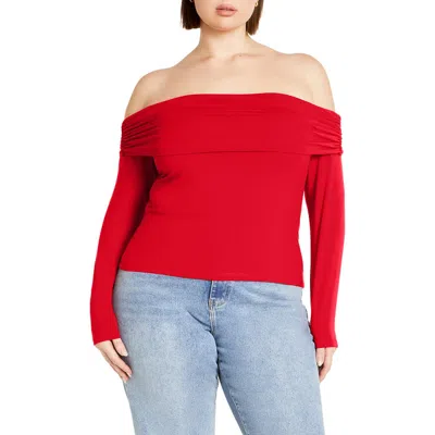 City Chic Jojo Ruched Off The Shoulder Long Sleeve Top In Red