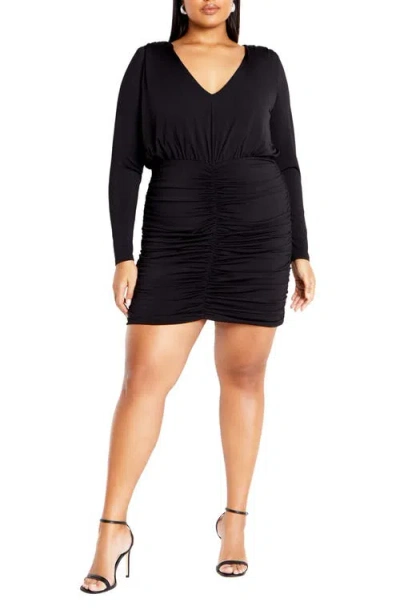 City Chic Sassy Sue Ruched Long Sleeve Minidress In Black