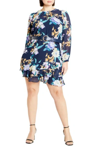 City Chic Julianna Floral Long Sleeve Belted Dress In Kiss Me Sweet