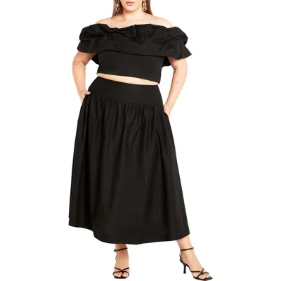 City Chic Kaia Off The Shoulder Crop Top & Maxi Skirt In Black