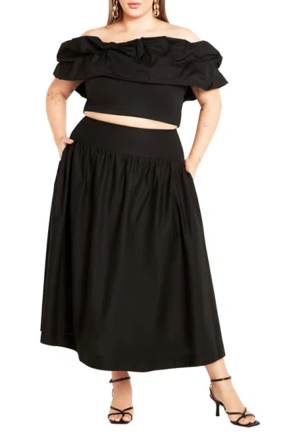 City Chic Kaia Off The Shoulder Crop Top & Maxi Skirt In Black