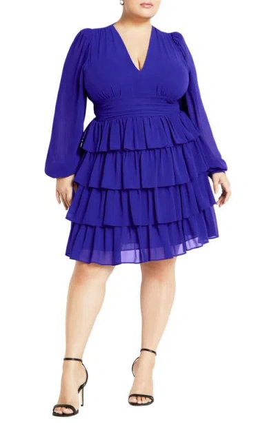 City Chic Kailey Ruffle Long Sleeve Tiered Cocktail Dress In Cobalt