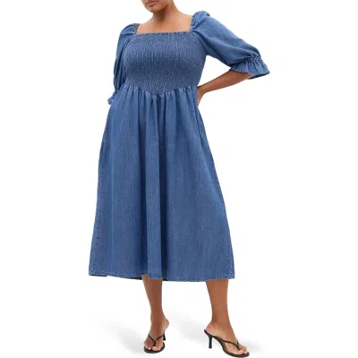 City Chic Kaitlyn Smocked Denim Dress In Blue