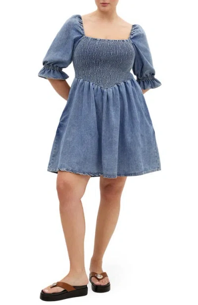 City Chic Kaitlyn Smocked Denim Minidress In Blue