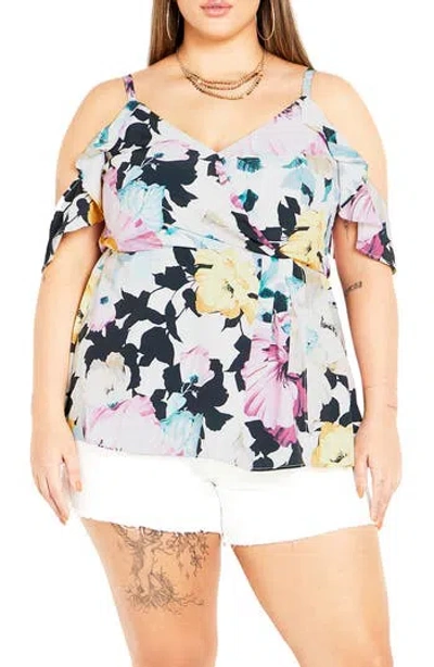 City Chic Kallie Floral Cold Shoulder Top In Multi