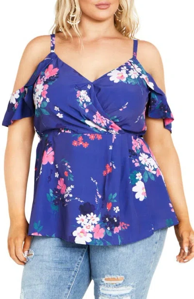City Chic Kallie Floral Cold Shoulder Top In Cobalt Lotte Bouquet