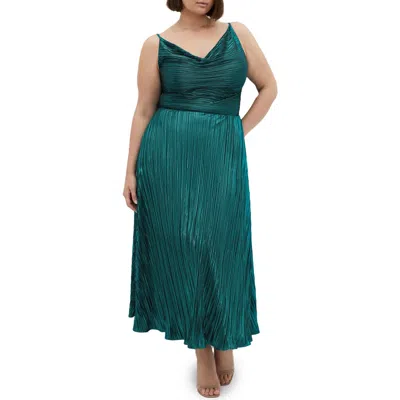 City Chic Kamila Cowl Neck Metallic Plissé Maxi Dress In Emerald