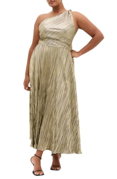 City Chic Kamila Metallic One-shoulder Maxi Dress In Brown