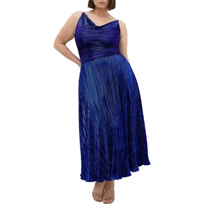 City Chic Kamila Plissé Metallic Sleeveless Maxi Dress In Blue